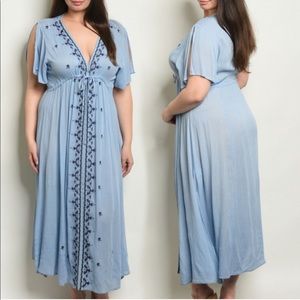 Embroidered Boho Maxi Dress Plus Size Mid Sleeve